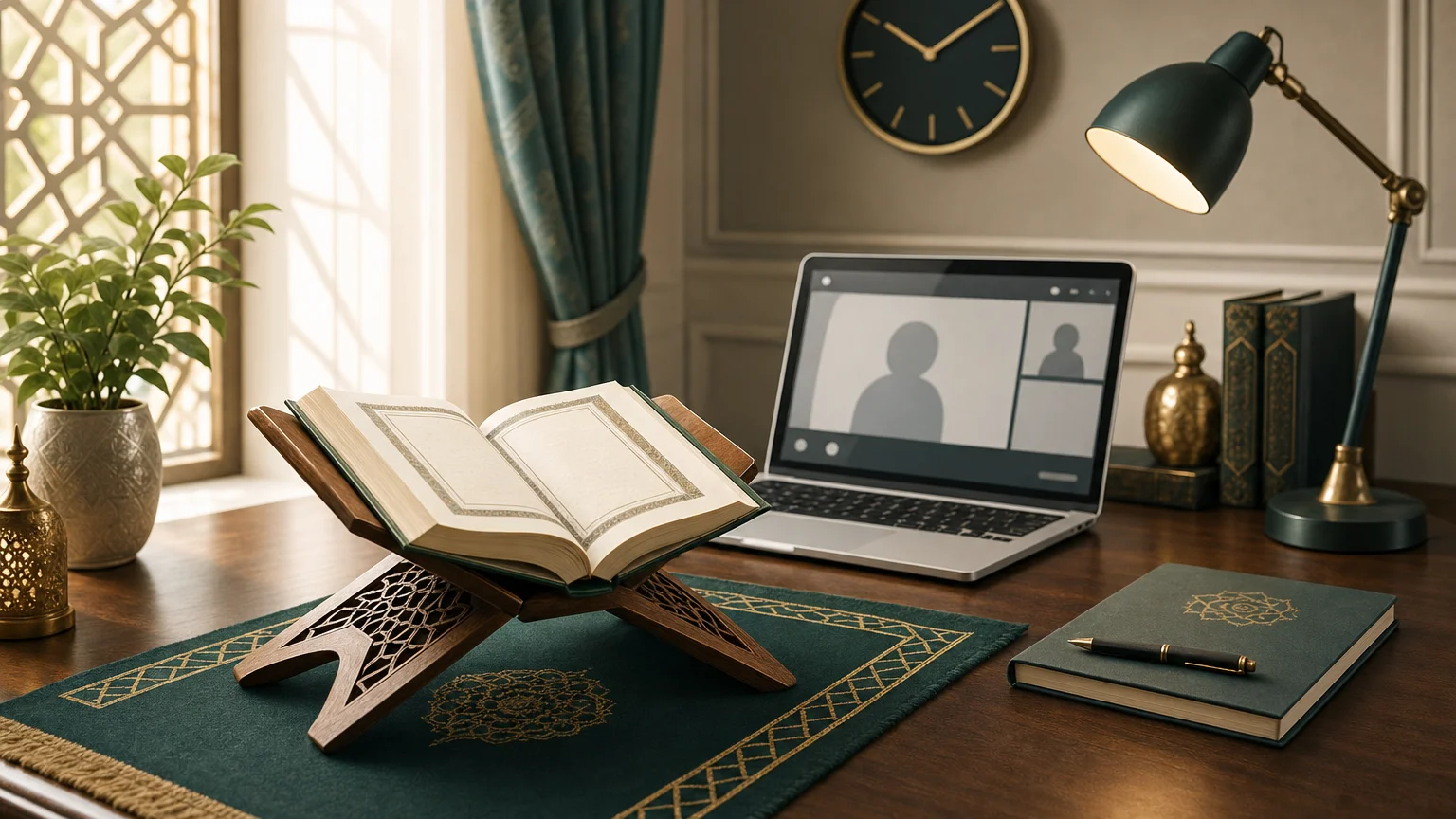 Laptop, Open Quran and Quran reading stand