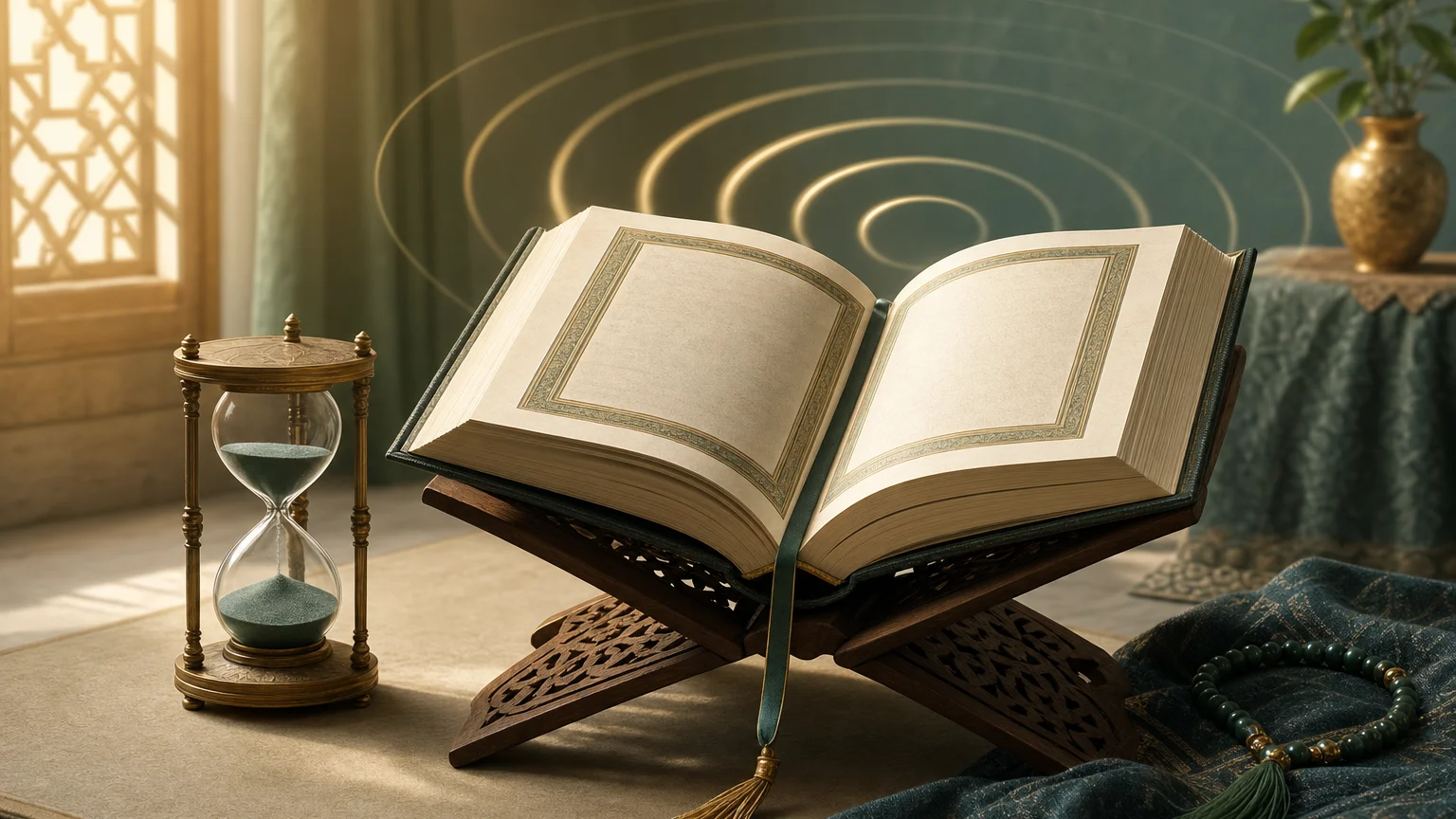 An open Quran resting on a wooden stand, A small hourglass beside the Quran symbolizing measured recitation and Subtle