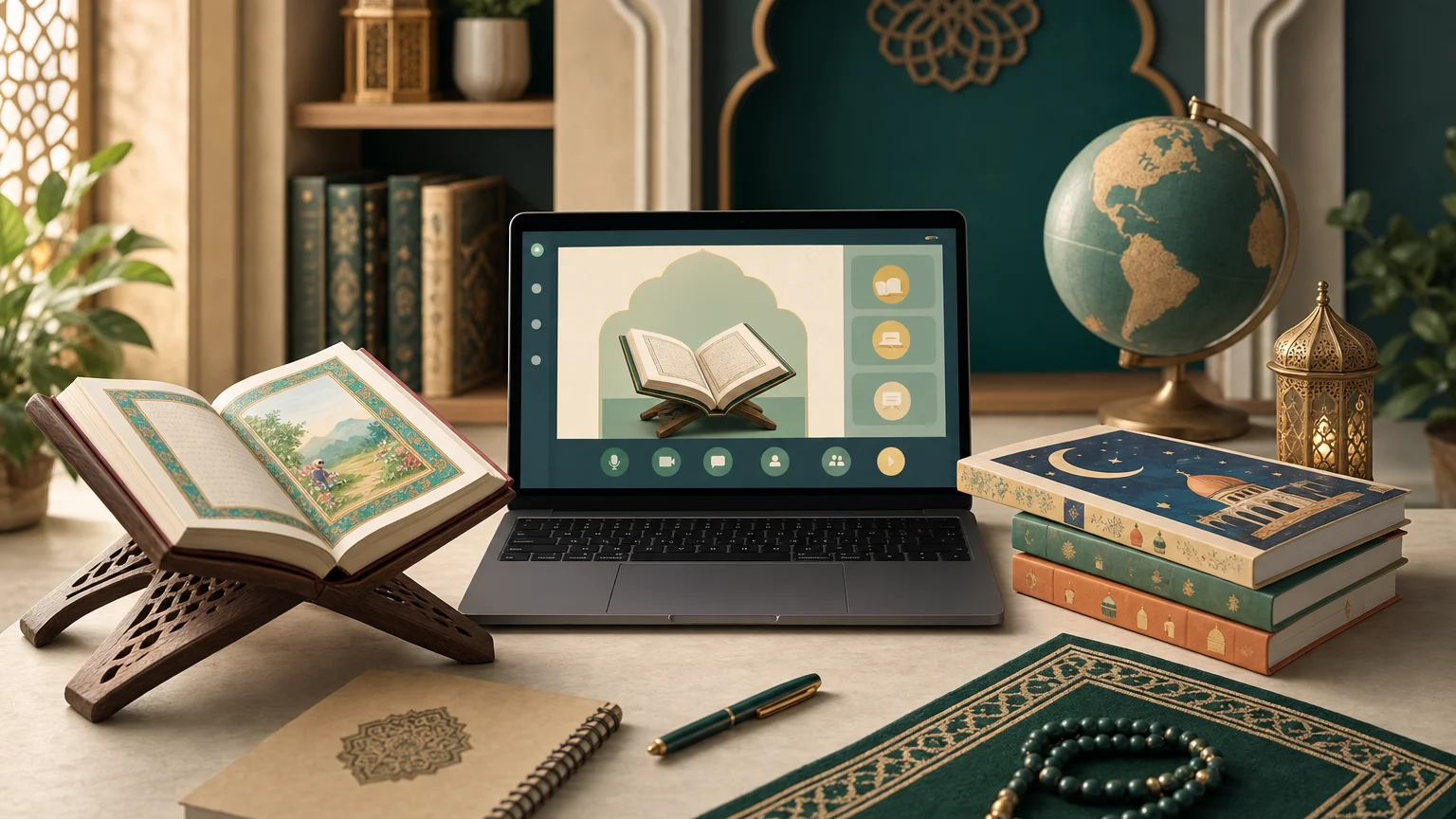 A laptop and an open Quran set up for an online class at home