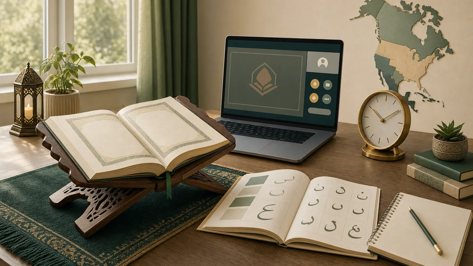 An open Quran on a wooden stand, A beginner Arabic learning booklet with simple letter forms and A laptop displaying a
