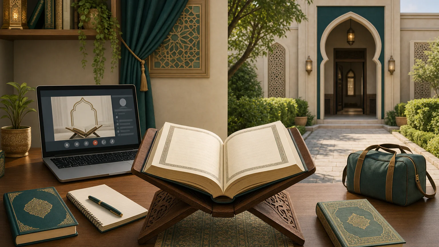 Open Quran on a central wooden table, Laptop displaying a simple live lesson interface on the home-study side and Small