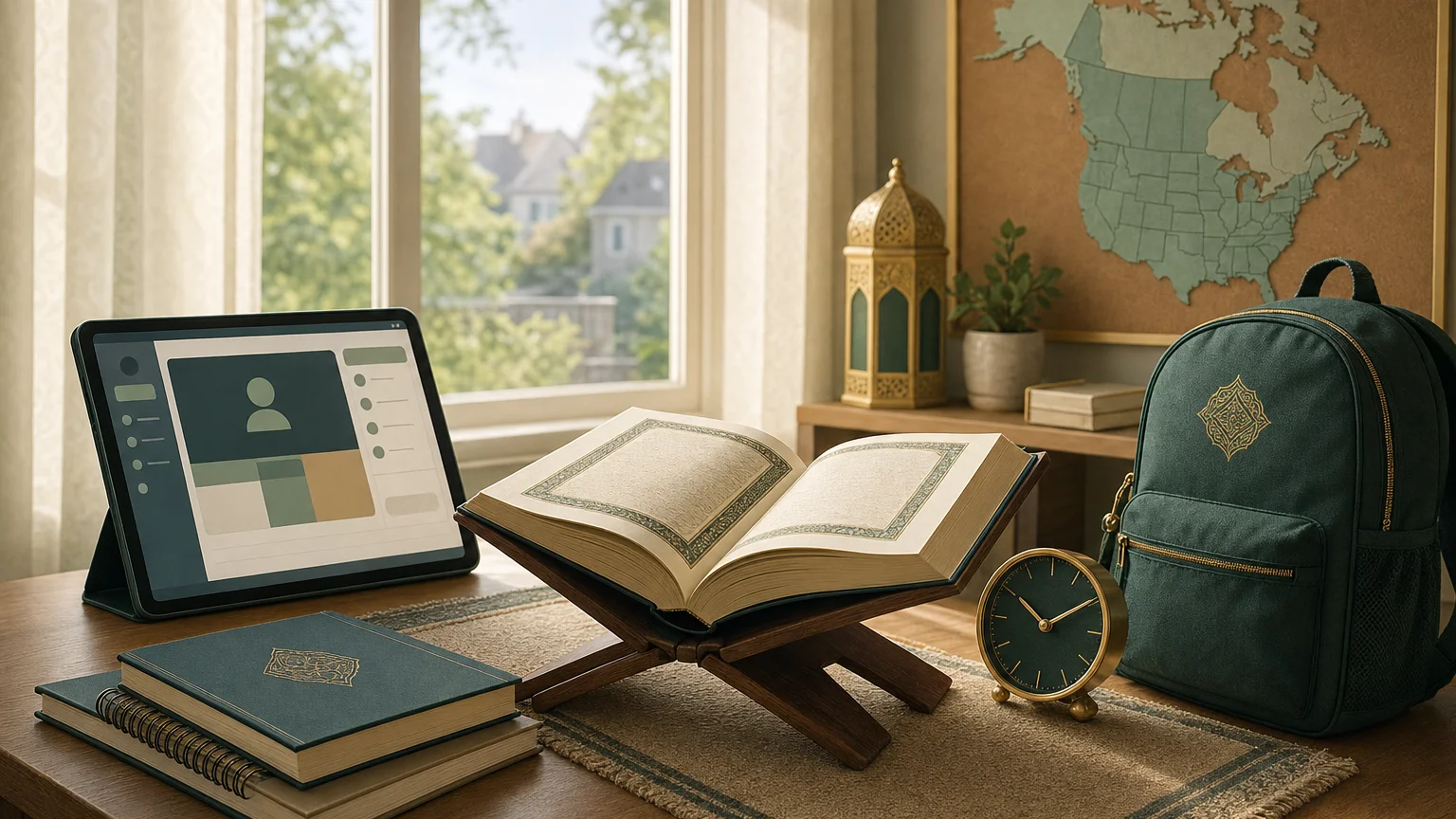 An open Quran resting on a wooden reading stand, A tablet positioned beside the Quran with a simple abstract online