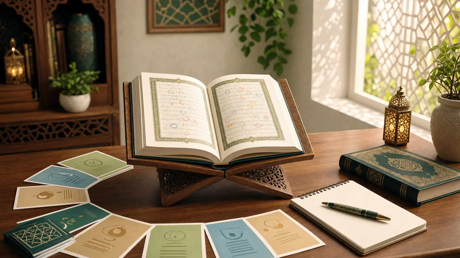 An open Quran with highlighted Tajweed markings on a study desk